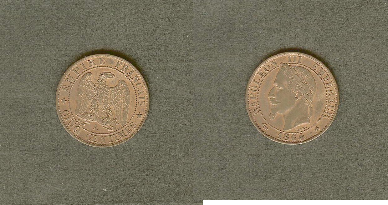 Cinq centimes Napoléon III, tête laurée 1864 Paris SPL